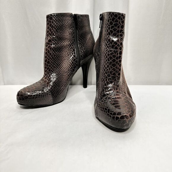 Nine West Ankle Boots Size 7M Brown Snake Skin Print Vegan Leather 4 Inch Heel - Picture 4 of 11